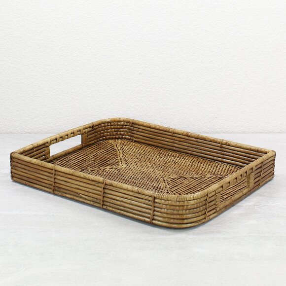 Leaf Shape Mixed Texture Rattan Tray with Handles -Honey Brown
